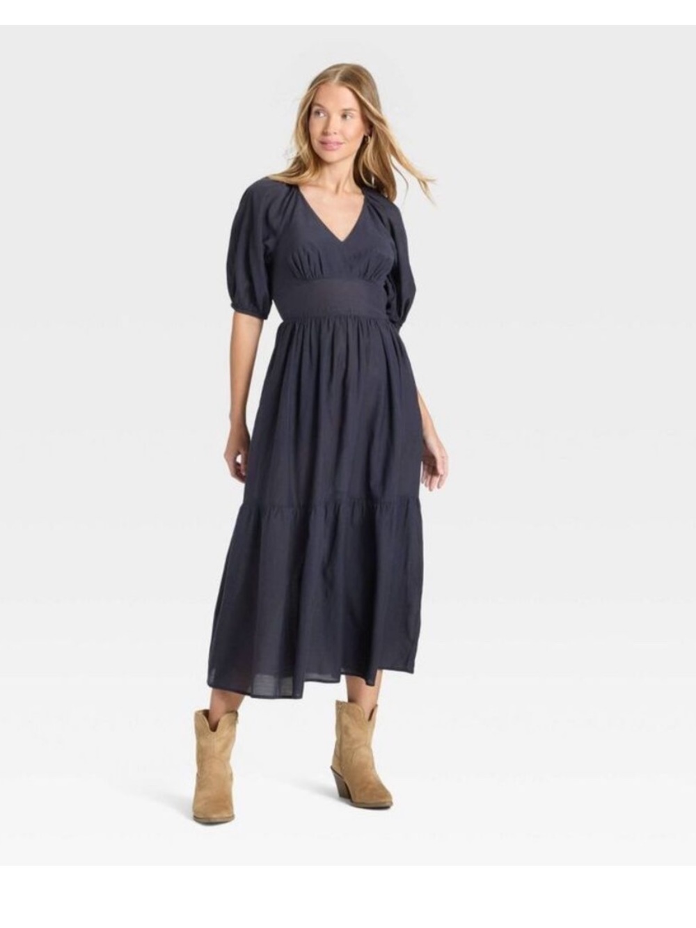 Universal Thread Navy V-Neck Puff Sleeve Tiered Midi Dress